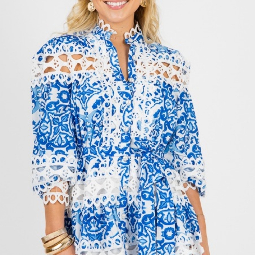 Blue and White Lace Dress - Picture 2 of 4